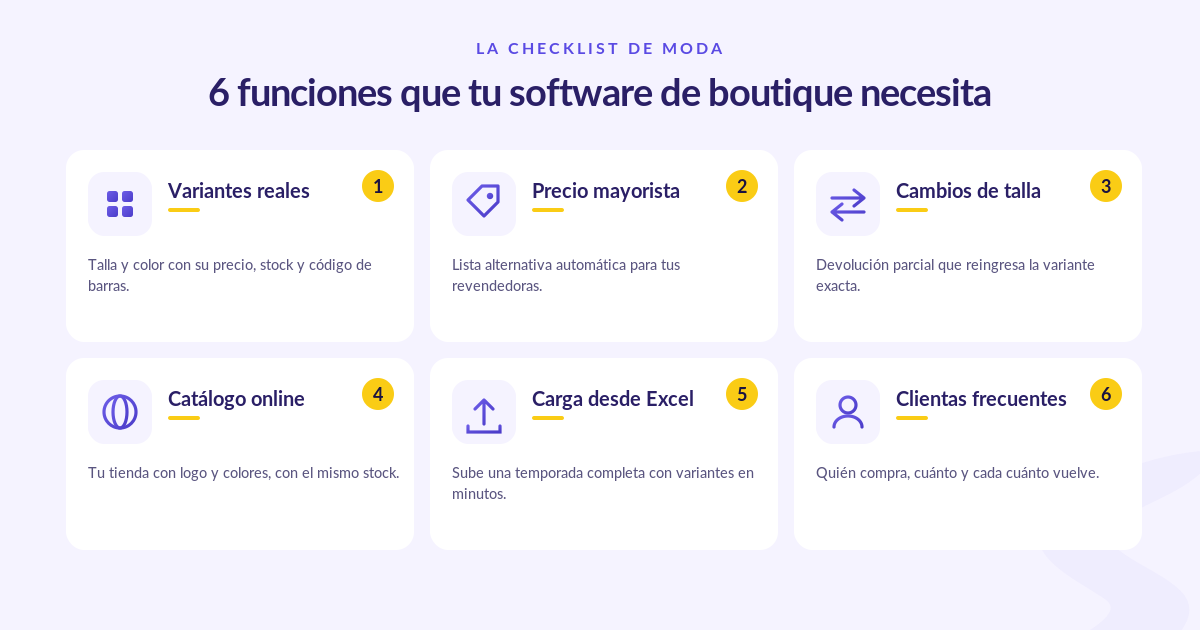 6 funciones imprescindibles de un software para boutique: variantes, precio mayorista, cambios de talla, catálogo online, carga desde Excel y clientas frecuentes